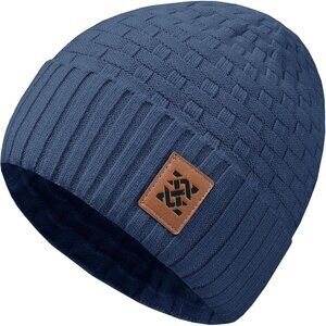 Men and Women Blue Warm Cap Thick Knitted Soft  Fleece Lined Rib Cap